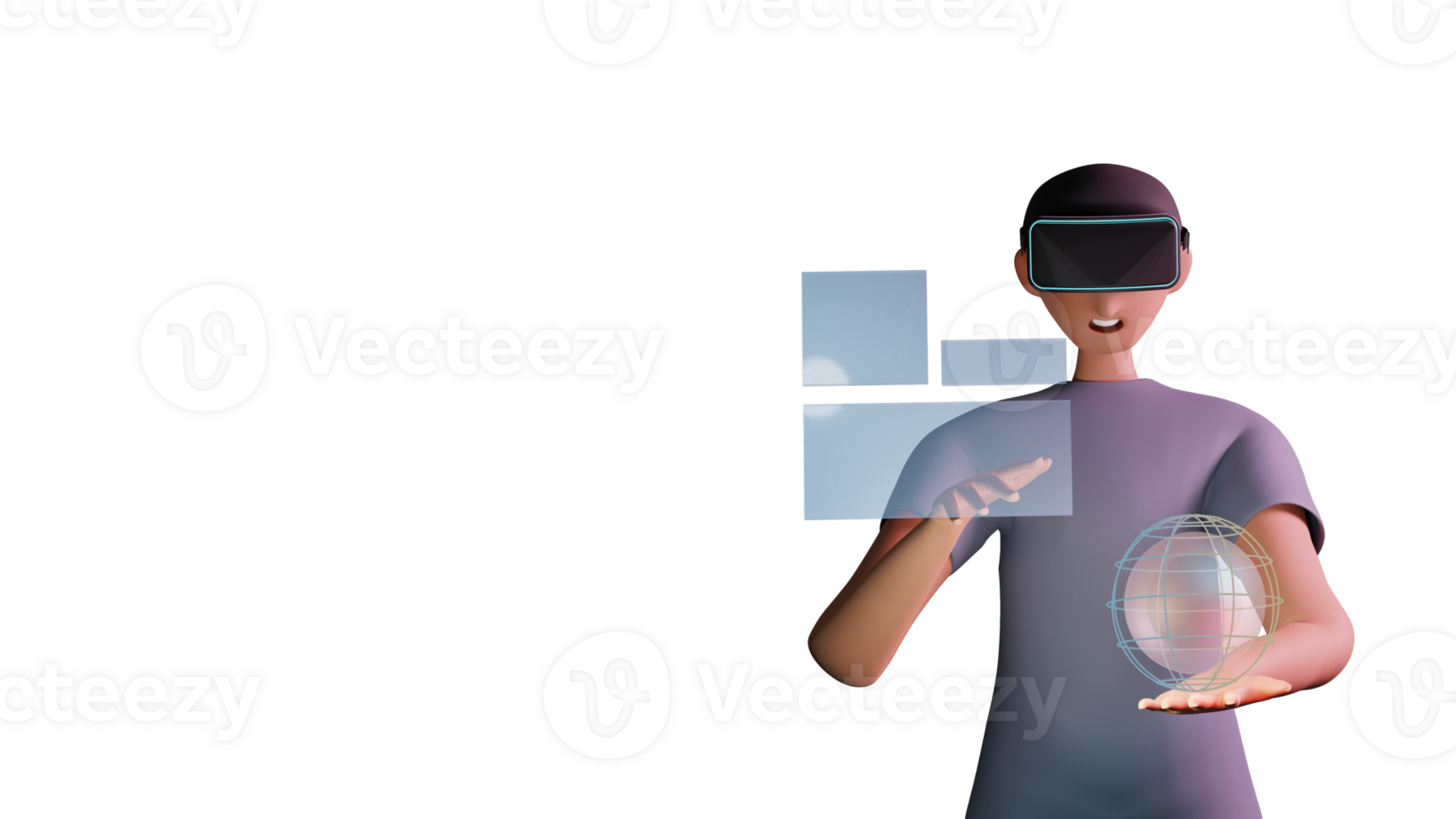 3D Render of Young Man Character Interacting With Hologram Object Through VR Goggles. png