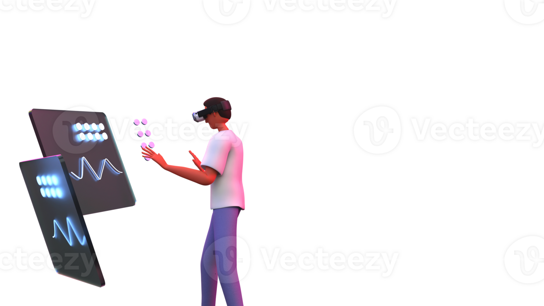 3D Render of Young Man Character Interacting With Holographic Screens Through VR Goggles. png
