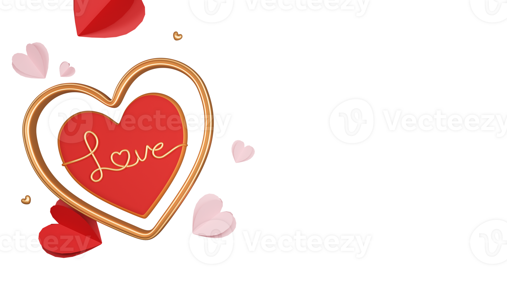 3D Render of Golden Love Text Inside Heart Shape Frame And Paper Hearts