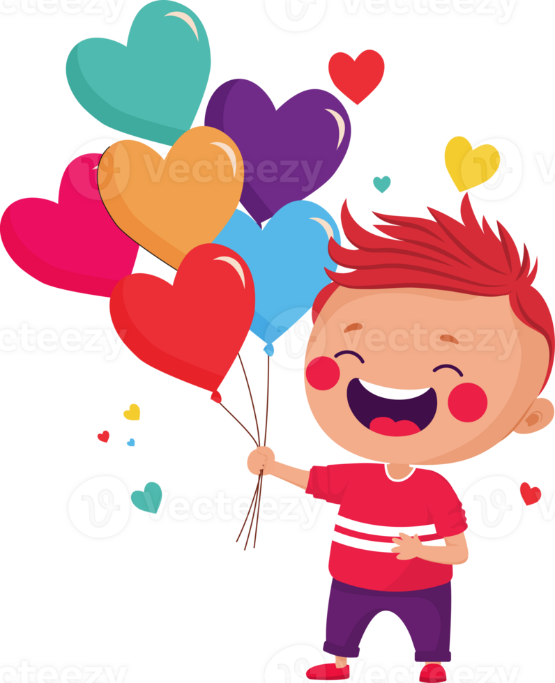 Cheerful Boy Holding A Bunch Of Colorful Heart Balloons. png