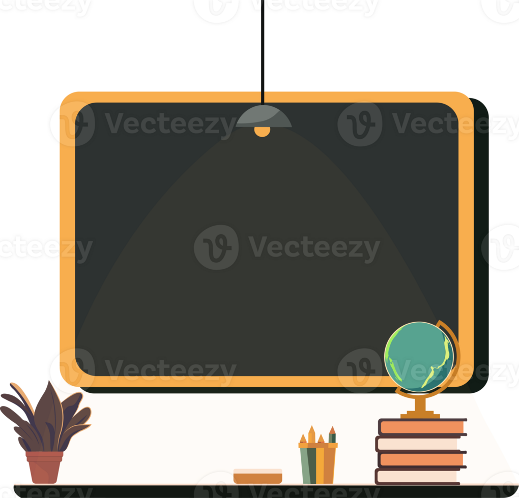 Empty Blackboard With Pen Holder, Duster, Stack of Books, Earth Globe Stand, Plant Pot And Ceiling Lamp In Classroom. png
