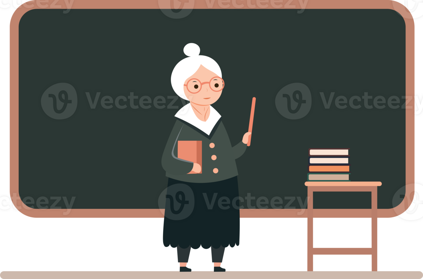 Elderly Female Teacher Showing Stick With Empty Blackboard, Books At Stool Illustration. png