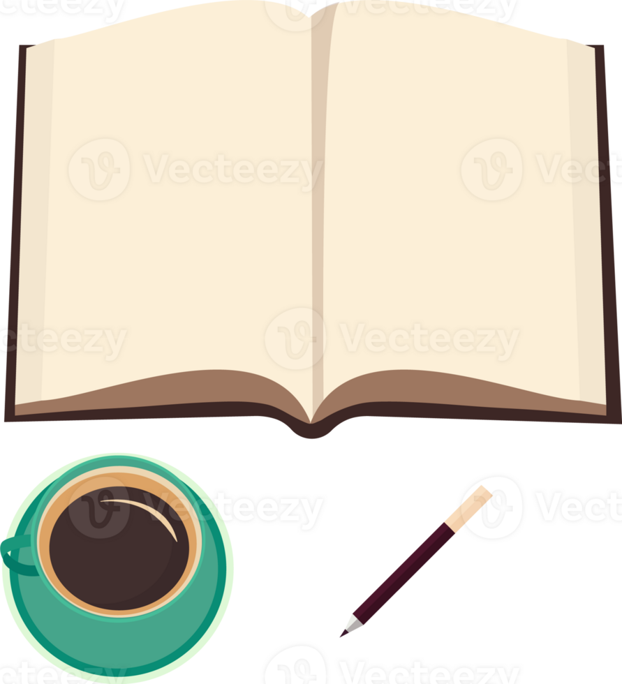 Top View of Open Book With Blank Pages, Pencil, Tea Cup Element. png