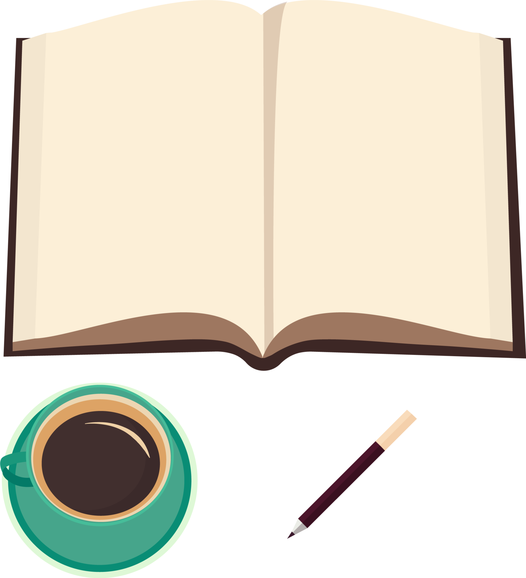 Top View Of Open Book With Blank Pages Pencil Tea Cup Element top-view-of-open-book-with-blank-pages-pencil-tea-cup-element