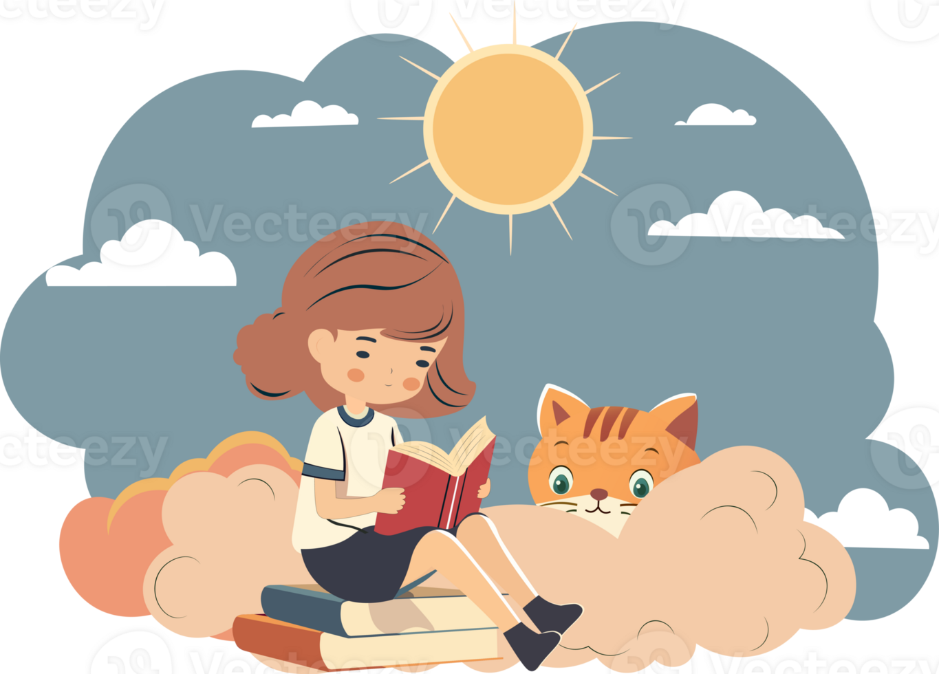 Young Girl Character Reading A Book At Stack of Books With Cute Cat On Sun Clouds Background. png