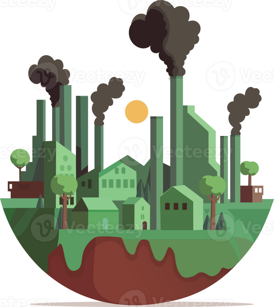 fabrik industri med bostads- byggnader, träd på halv jord klot och Sol illustration. jord dag begrepp. png