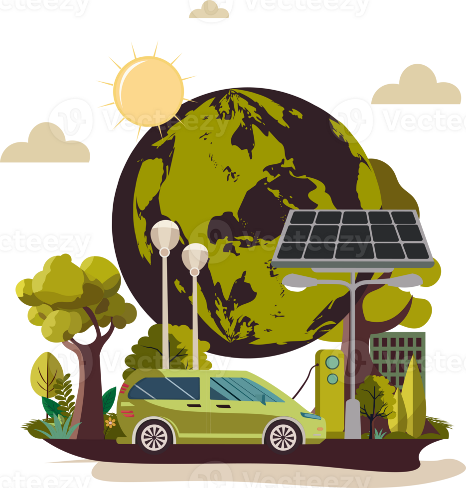 elektrisk bil laddning på station med sol- panel stå, gata lampor, Sol, jord klot på natur bakgrund. ekosystem och jord dag begrepp. png