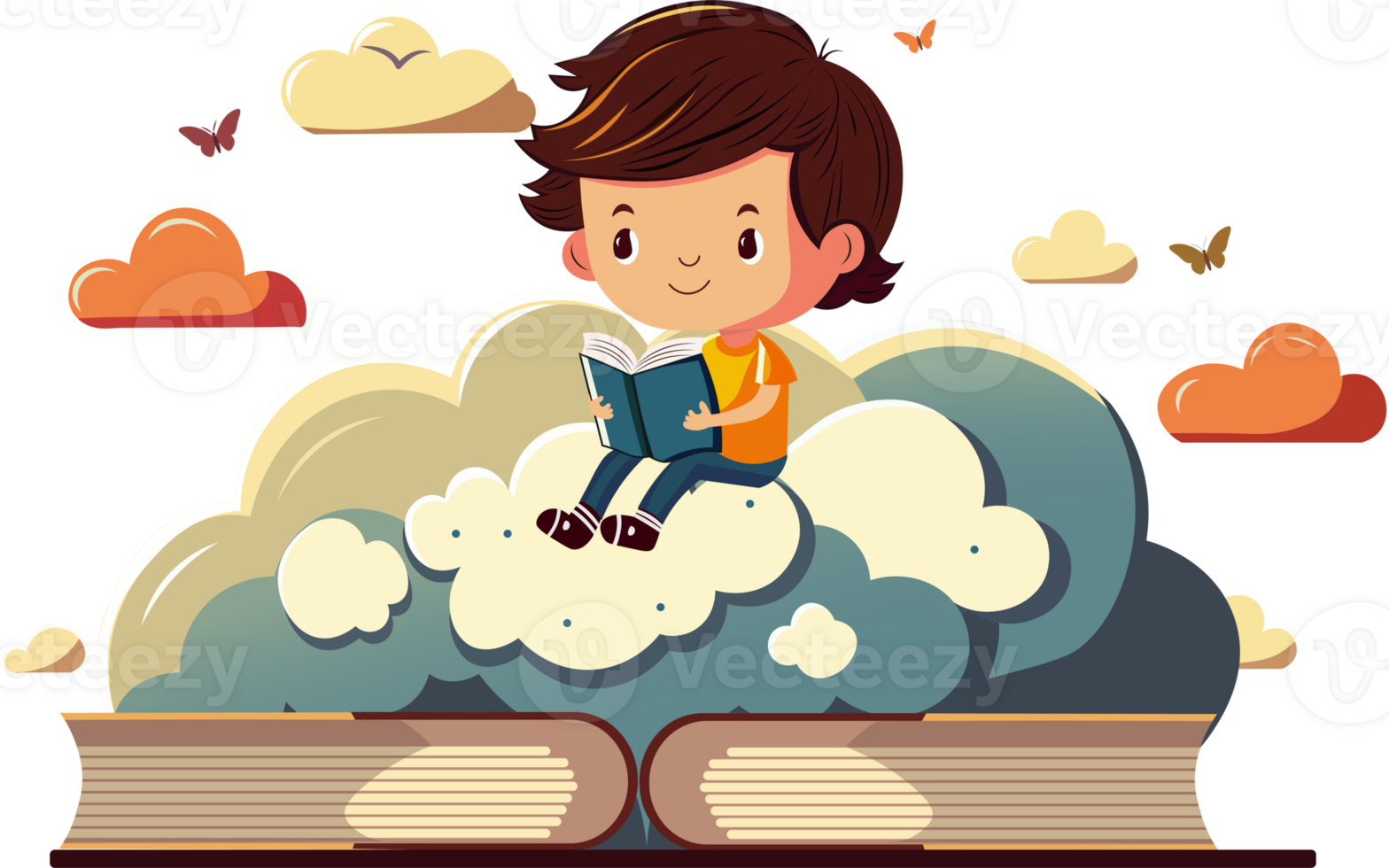 mignonne garçon personnage en train de lire livre sur des nuages Contexte avec papillons. png