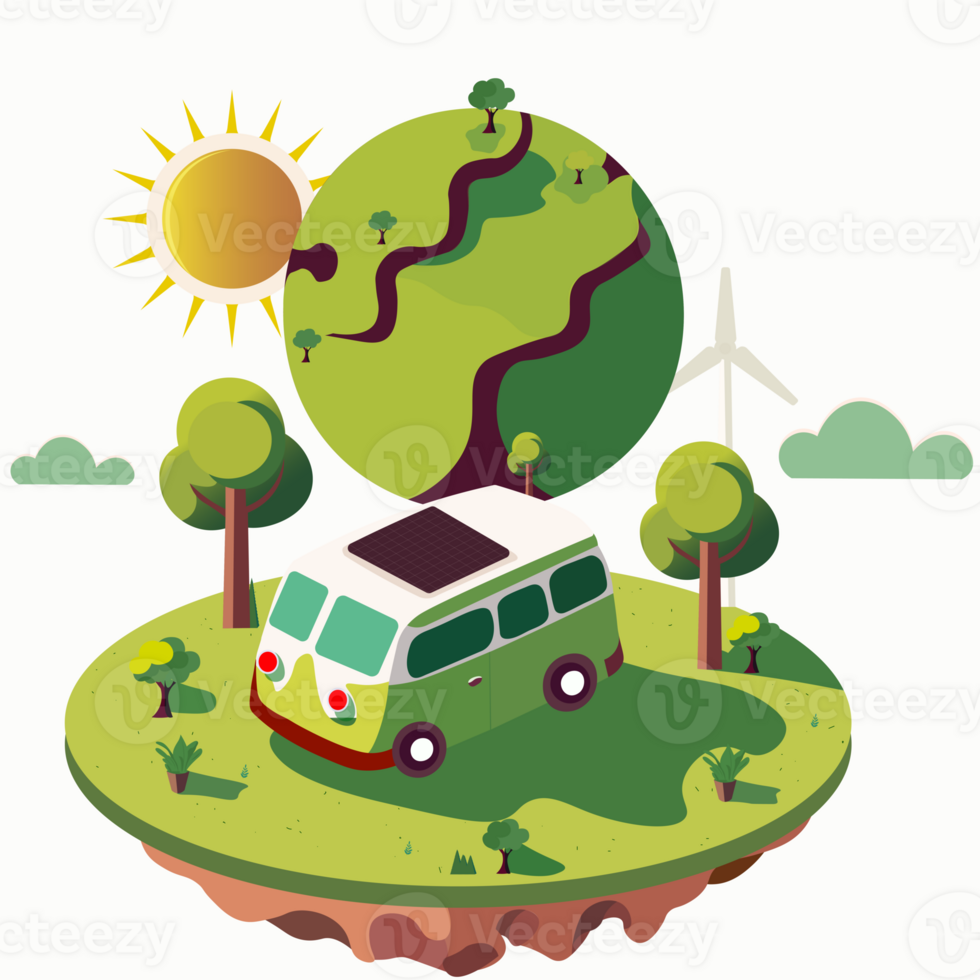 Vehicle Roof Solar Panel On Nature Background With Earth Globe, Sun, Windmill Illustration. Ecosystem and Earth Day Concept. png