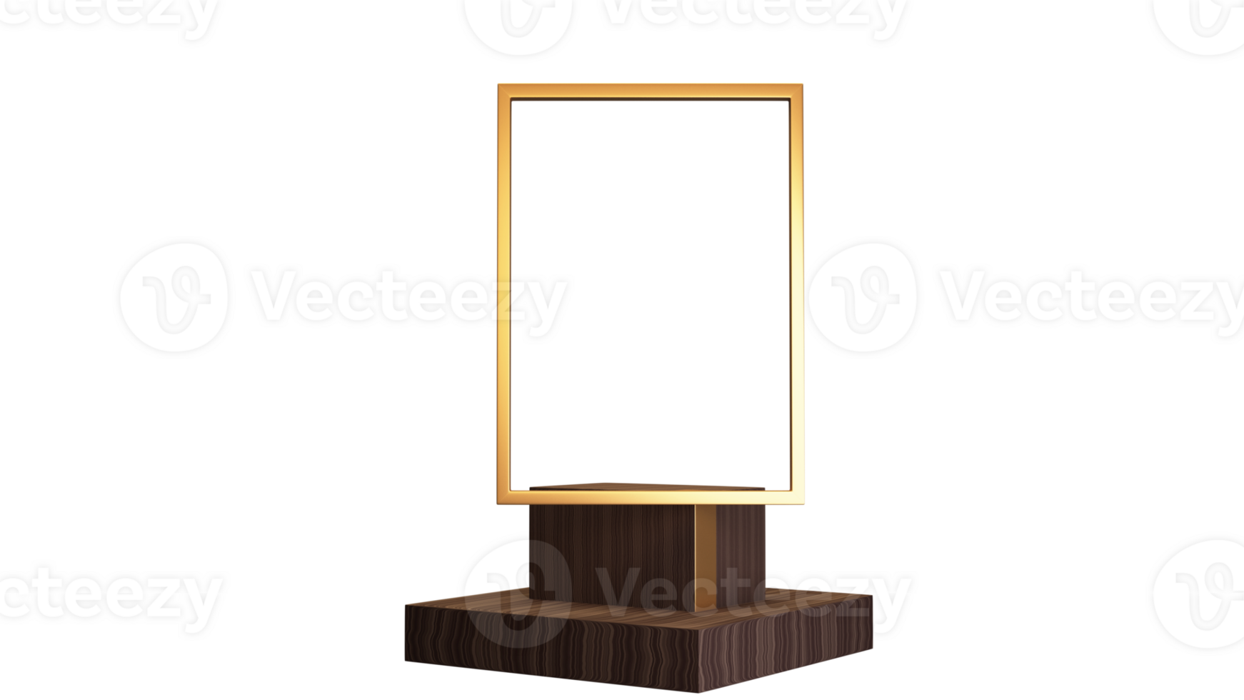 3D Rendering Golden Rectangle Frame or Display On Wooden Podium Icon. png