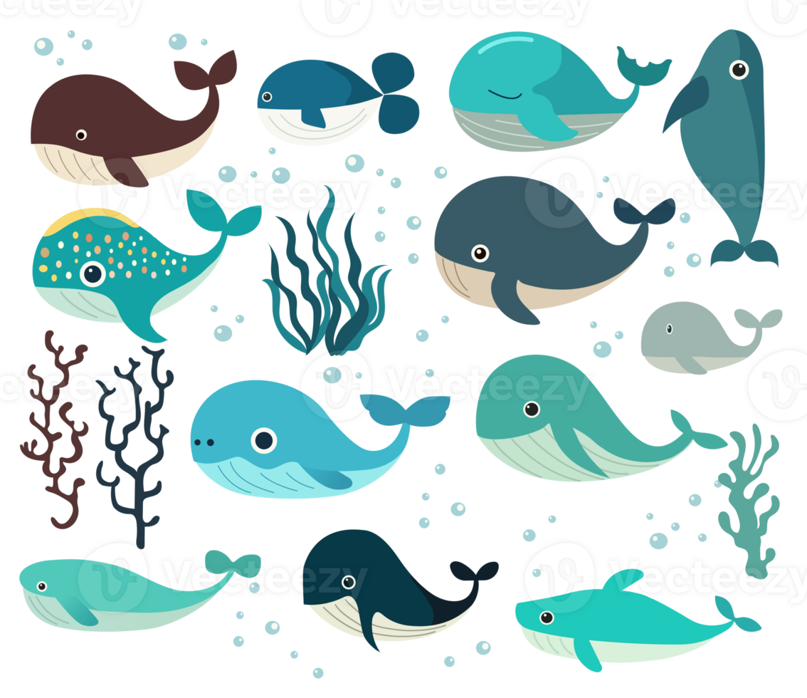 Set of Sea Plants or Coral And Cartoon Fish Elements. png