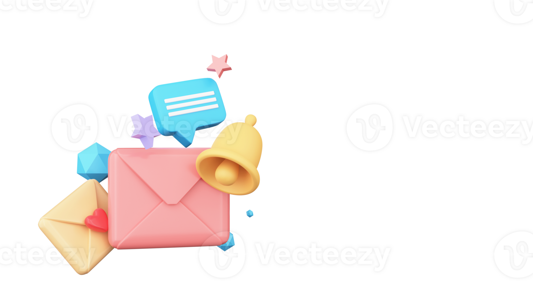 3D Render of Email or Envelope With Notification Bell, Chat Box, Stars Icons. png