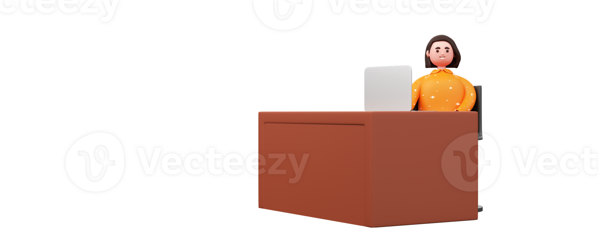 3D Render Of Young Woman Sitting At Workplace With Laptop. png