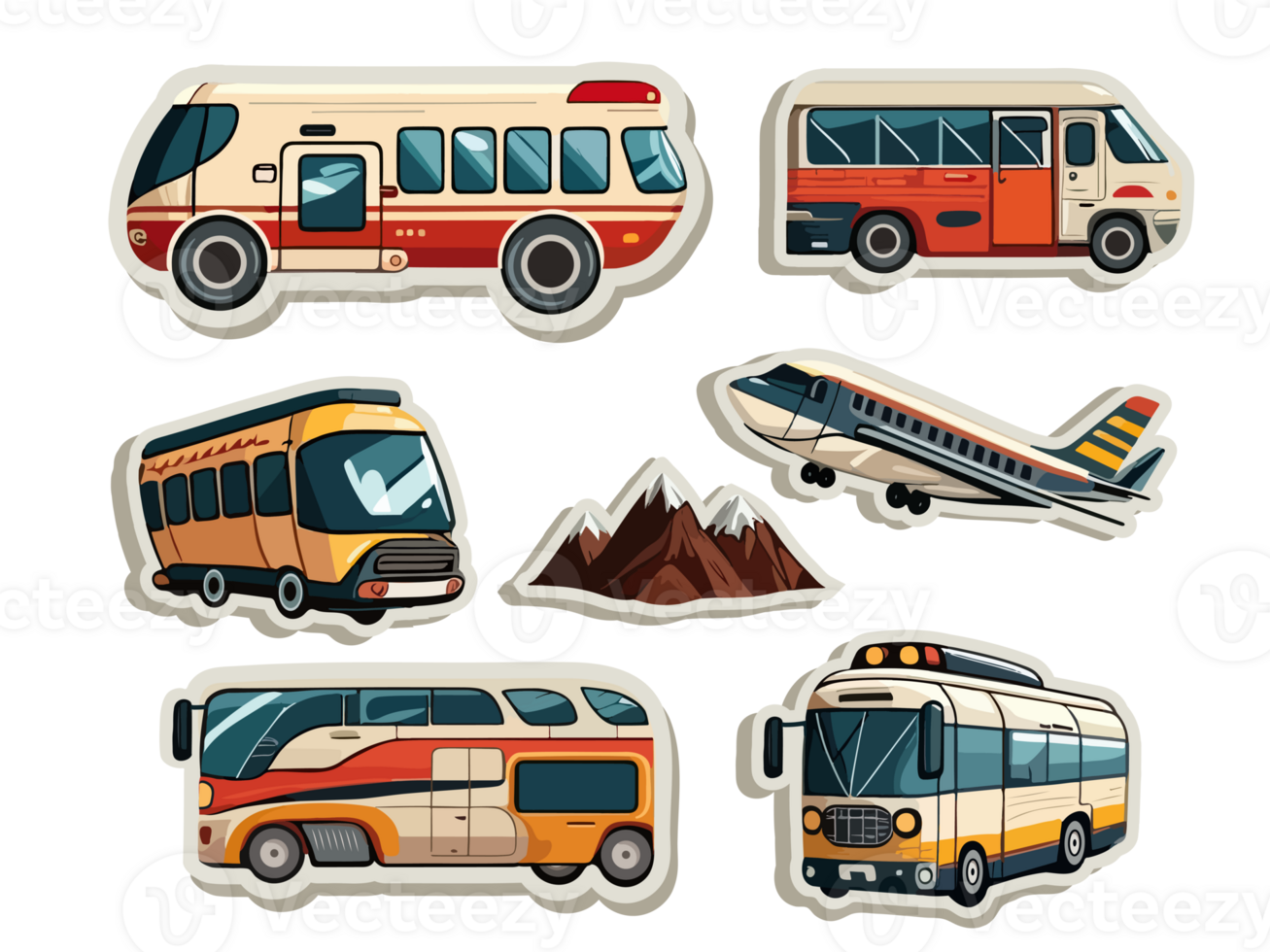 Collection of Transport Like As Bus, Airplane And Mountain Icons In Sticker Style. png