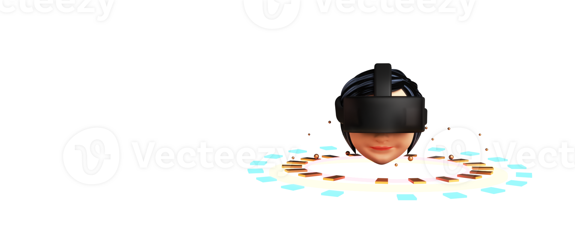 3D Render Of Young Woman Face Wearing VR Glasses On Round Sci-fi Or Hud Frame. png
