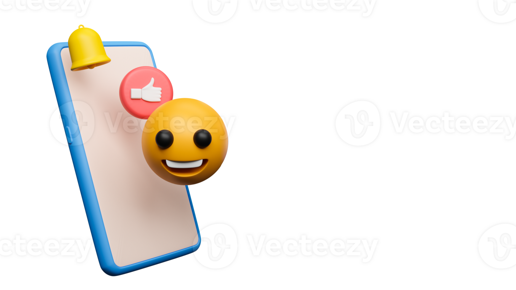 3D Render of Blank Smartphone Screen With Notification Bell, Emoji, Like Button. png