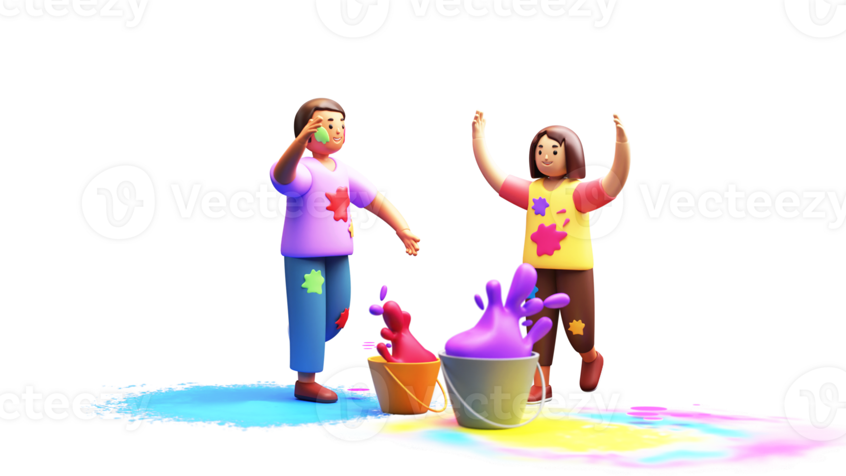 3d render do jovem Garoto e menina jogando holi com pintura baldes elemento. png