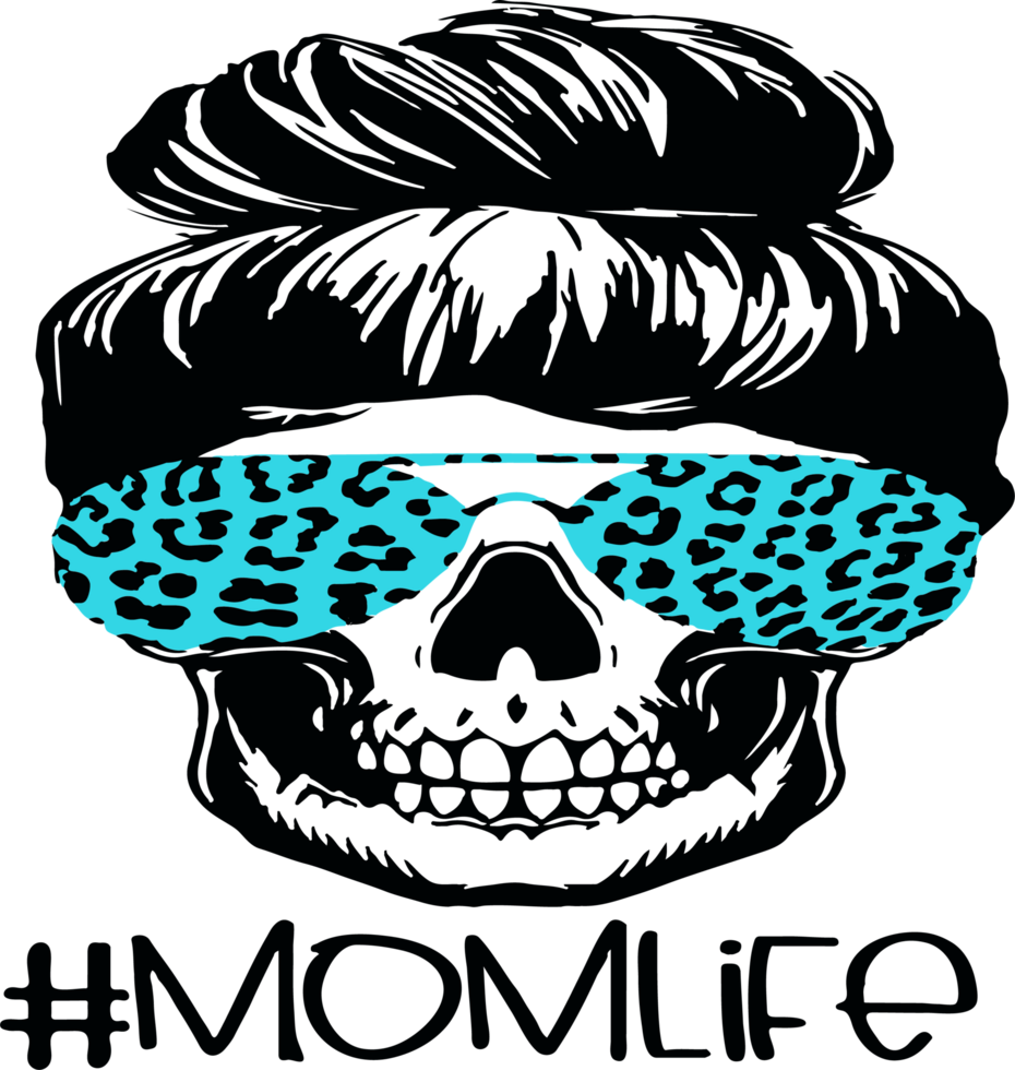 Momlife, printable skull head with messy bun and sunglases png