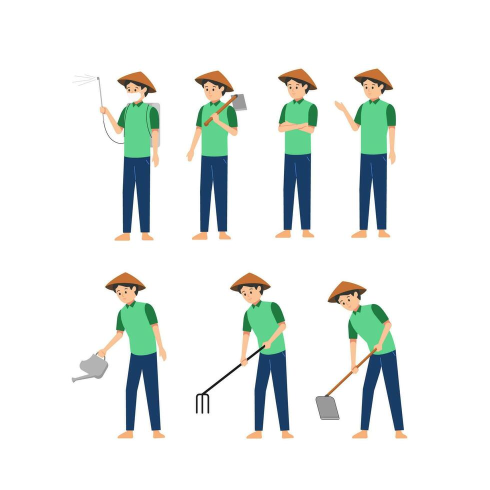 asiático granjero en Paja cono sombrero trabajando en campo, granjero personaje varios poses vector