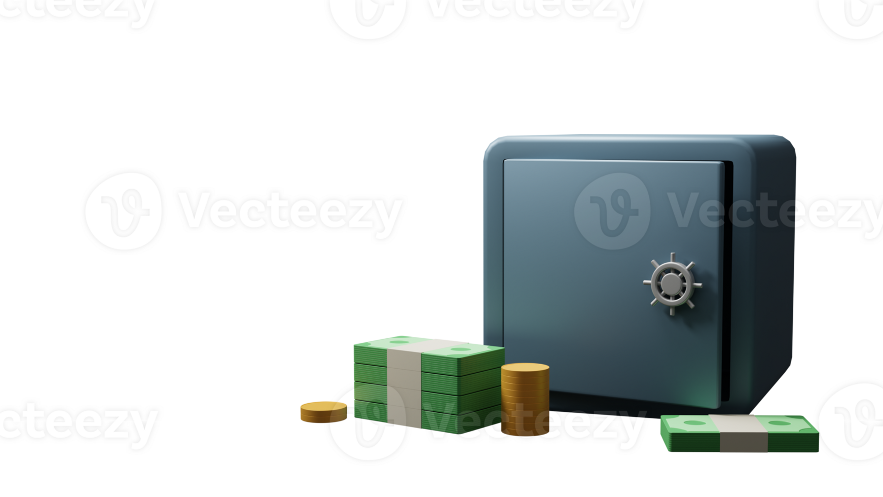 3D Render Vault Or Safe Box With Stack Of Coins, Banknotes Element. png
