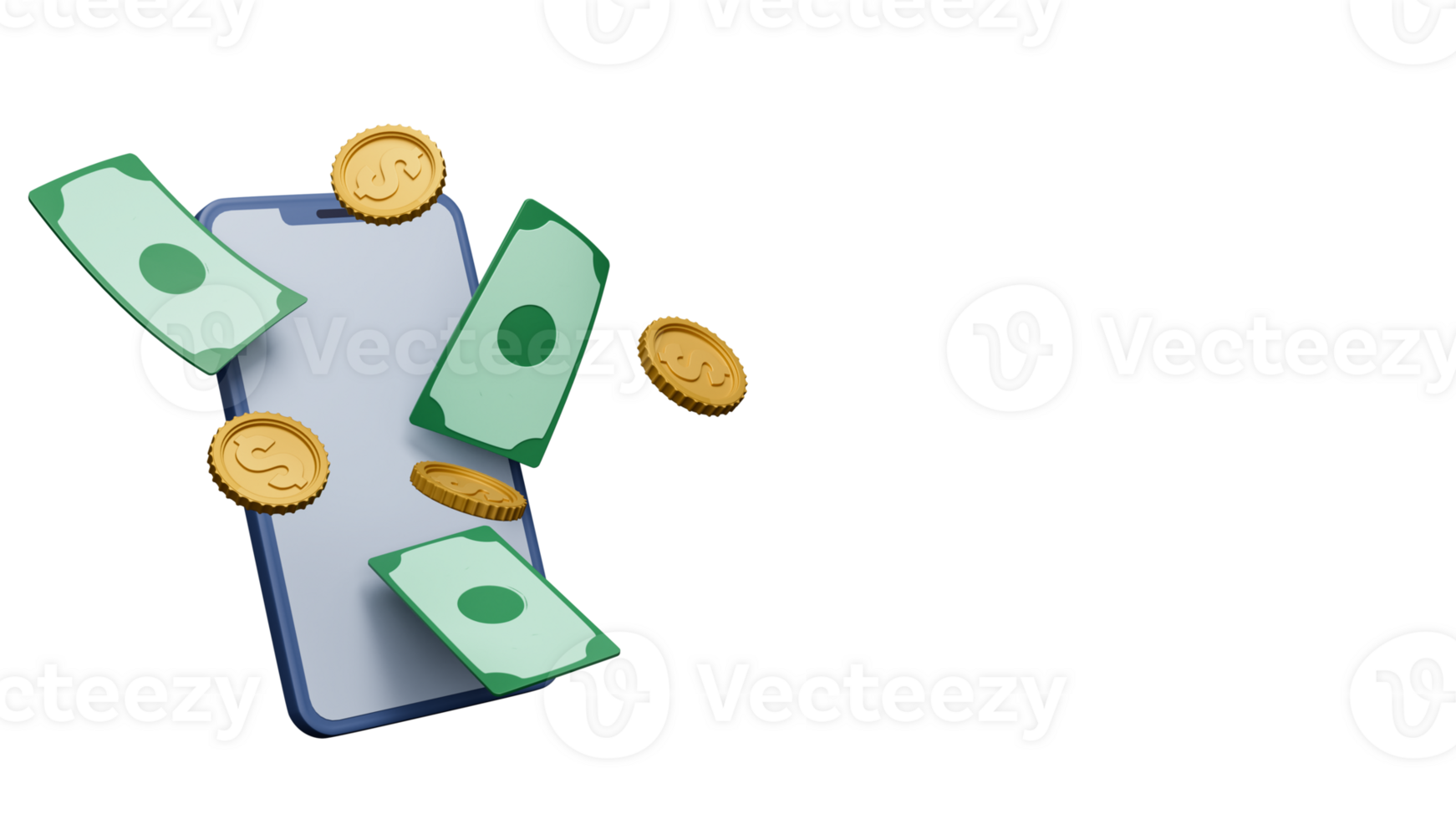 3d geven van leeg smartphone scherm met vliegend dollar munten, bankbiljetten element. png