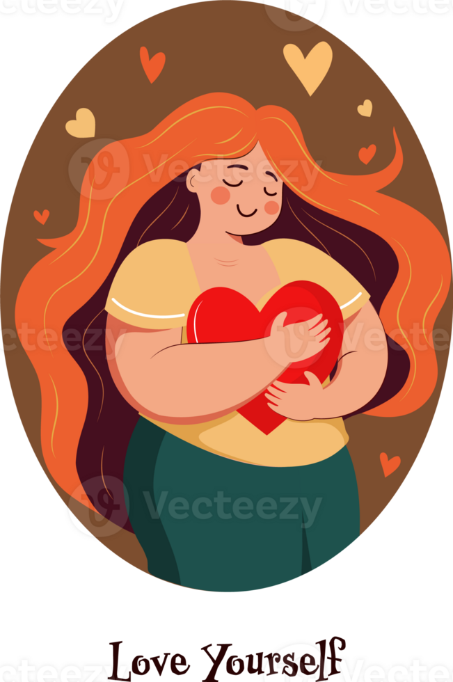 Vector Illustration of Young Girl Character Hugging A Red Heart On Brown Background For Love Yourself. png