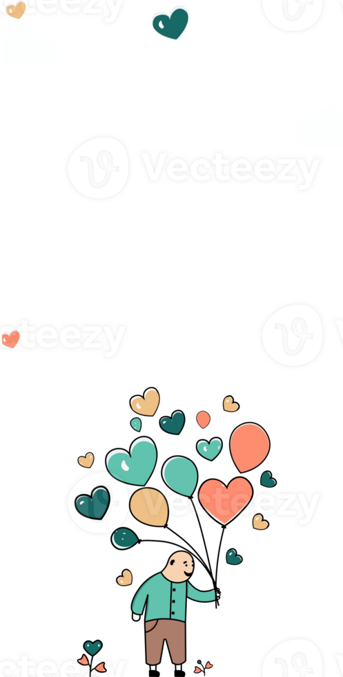 Funny Man Character With Flying Heart Shapes, Balloons And Copy Space. Love or Valentine Concept. png