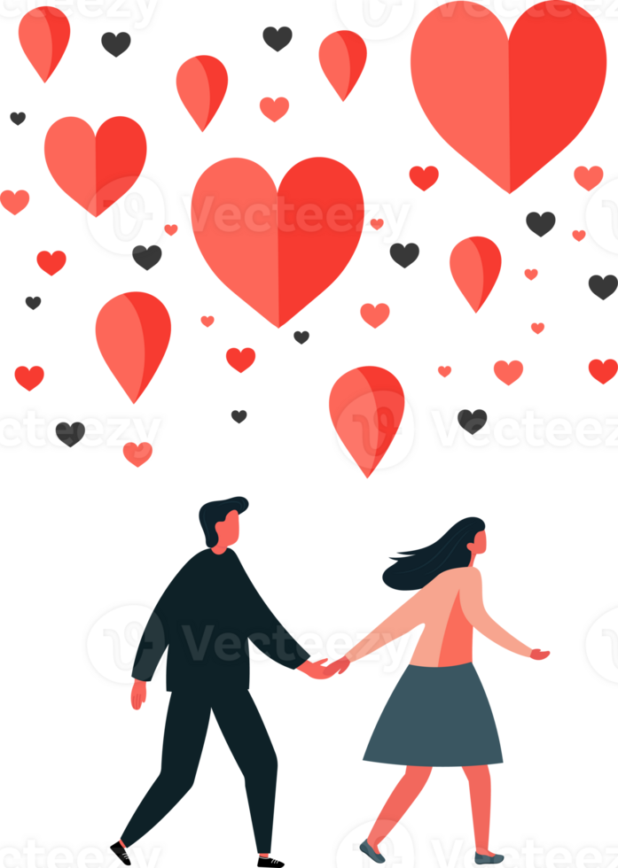 Walking Young Man And Woman Holding Hands With Flying Heart Shapes. Love Concept. png