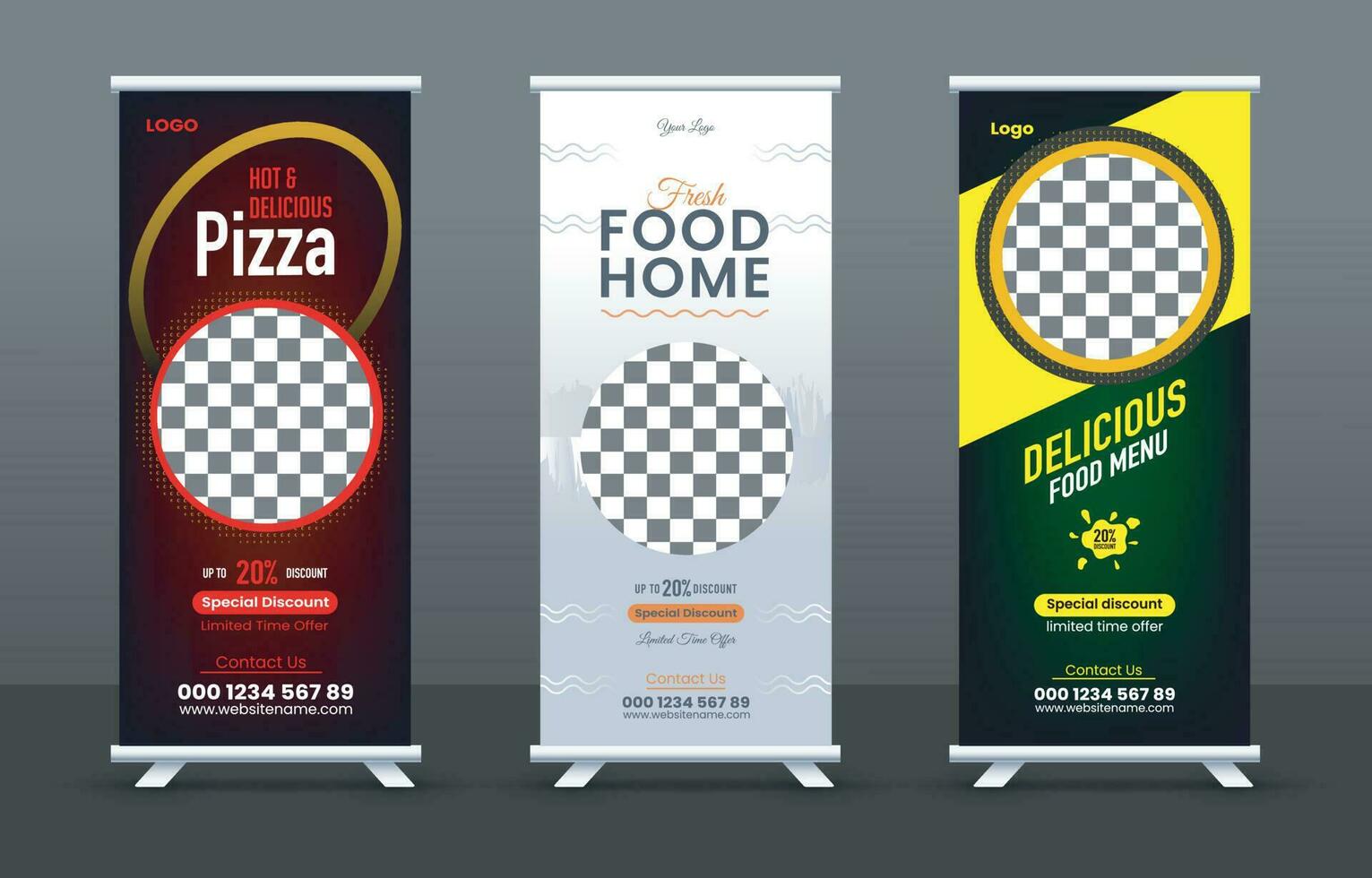 Food rollup banner design for restaurant. Vertical, roll-up template, Vector illustration template