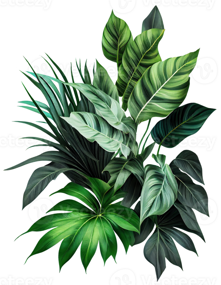tropisch Blätter Laub Pflanze Busch Blumen- Anordnung auf transparent Hintergrund, erstellt mit generativ ai png