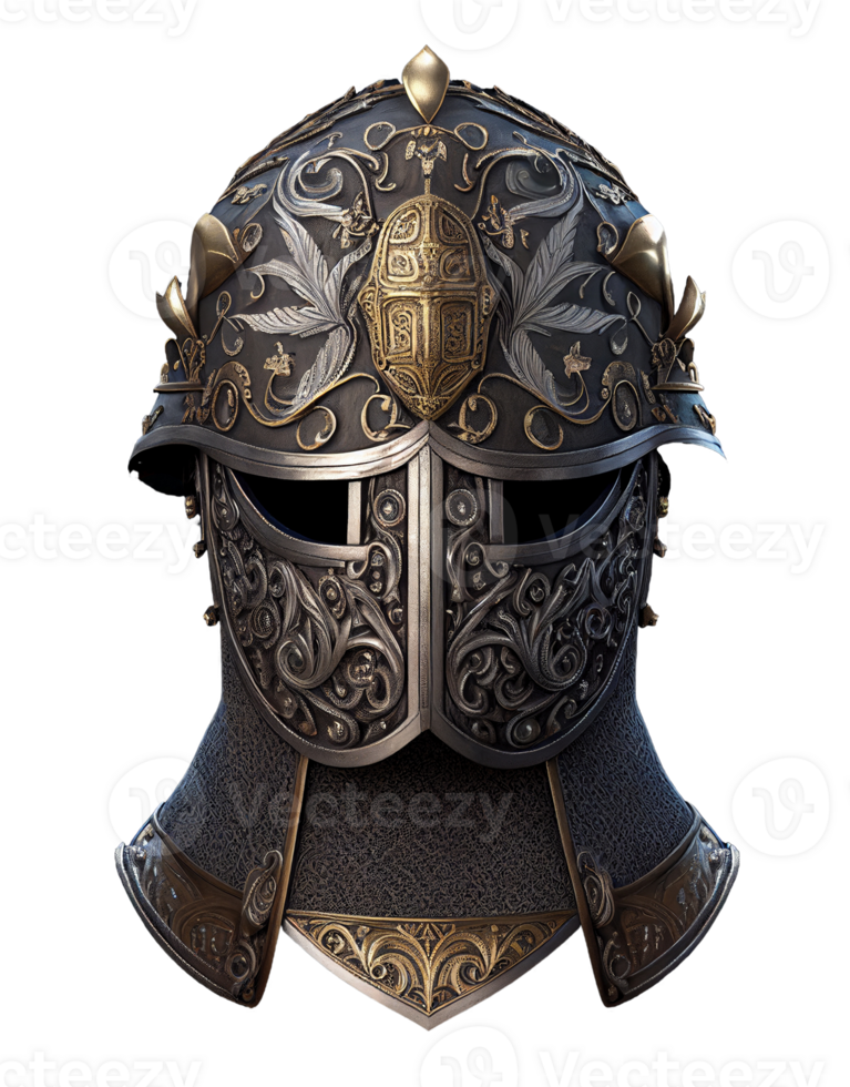 Front view of medieval knight helmet, isolated on transparent background, created with png
