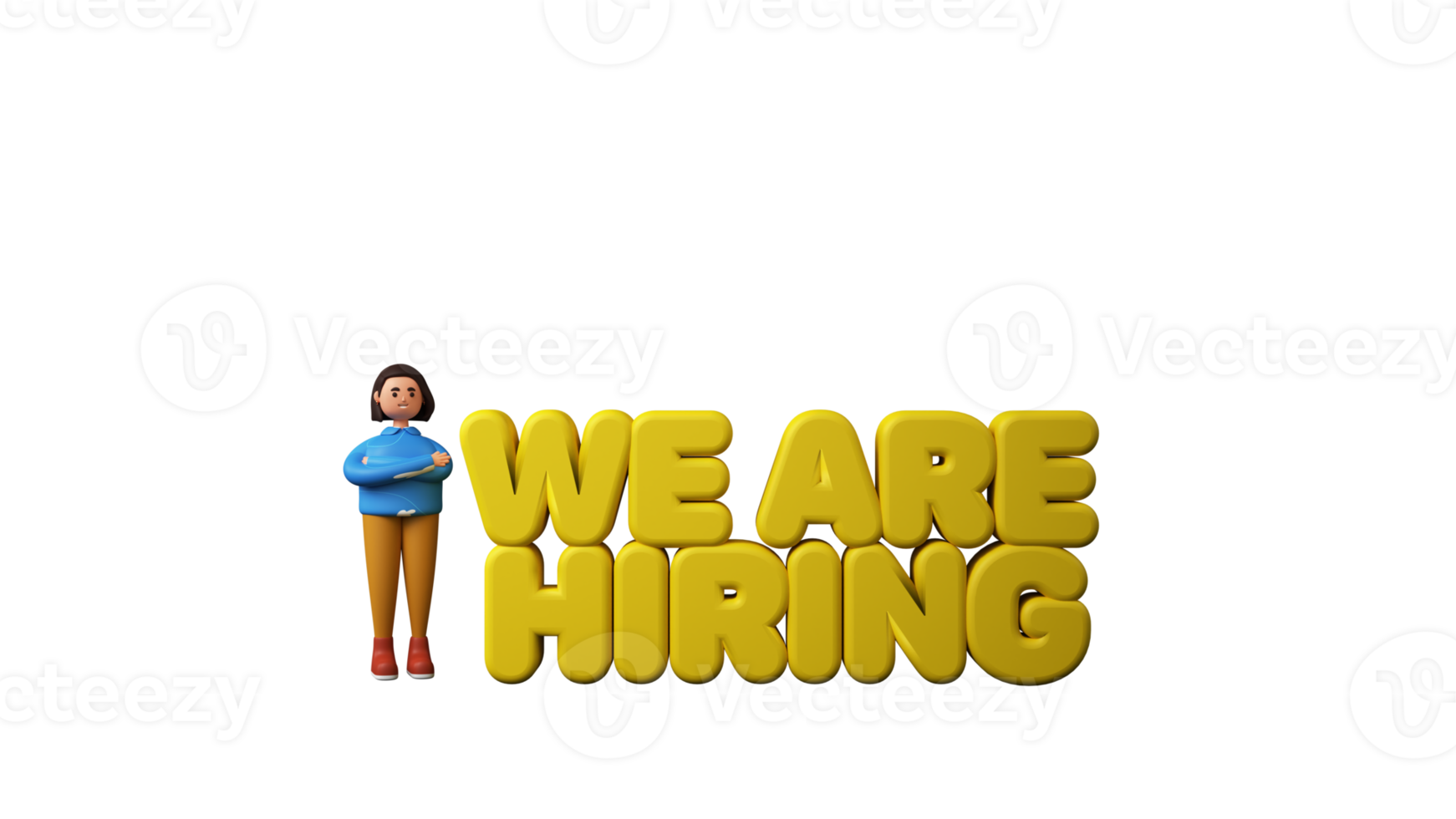 3D Render Of Yellow We Are Hiring Text Near Standing Young Woman Character. png