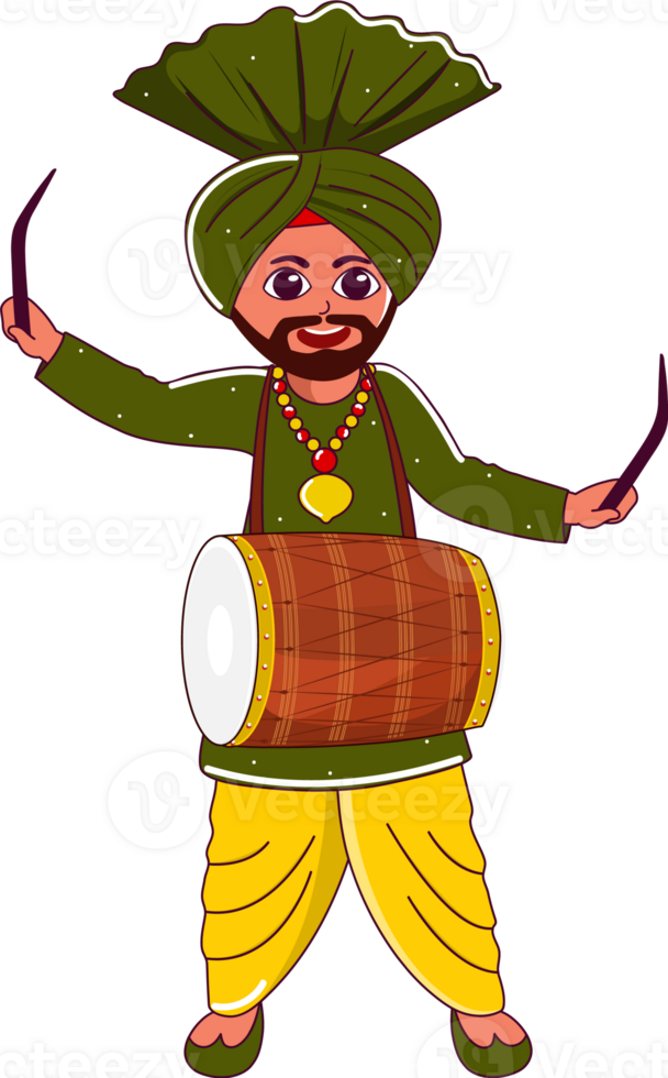 Young Punjabi Man Playing Dhol Instrument In Standing Pose. png