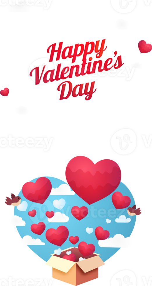 Sticker Style Happy Valentine's Day Font With Red Hearts Coming Out of Cardboard Box, Flying Birds And Clouds On Sky Blue Background. png