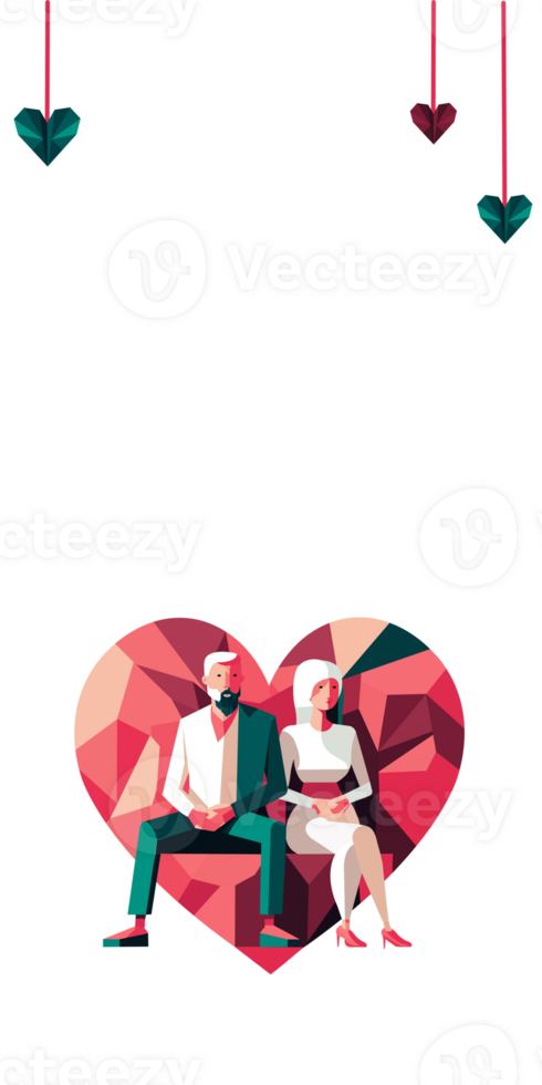 Young Couple Character In Sitting Pose And Polygon Hearts On Peach Background With Copy Space. Happy Valentine's Day Concept. png