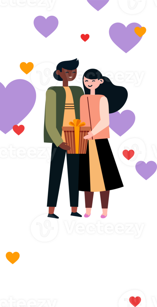 glücklich Valentinstag Tag Vertikale Banner Design mit jung Paar Charakter halten ein Geschenk Kasten, Herz Formen. png