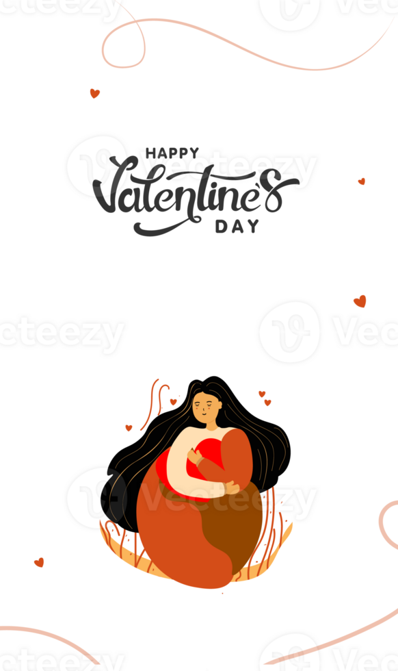 Happy Valentine's Day Vertical Banner With Young Girl Character Hugging A Heart. png