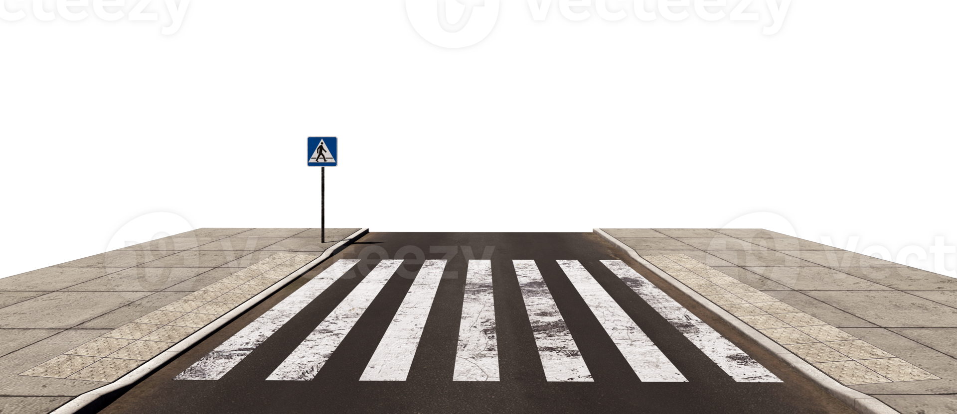 Empty asphalt crosswalk with two sidewalks in PNG isolated on transparent background.