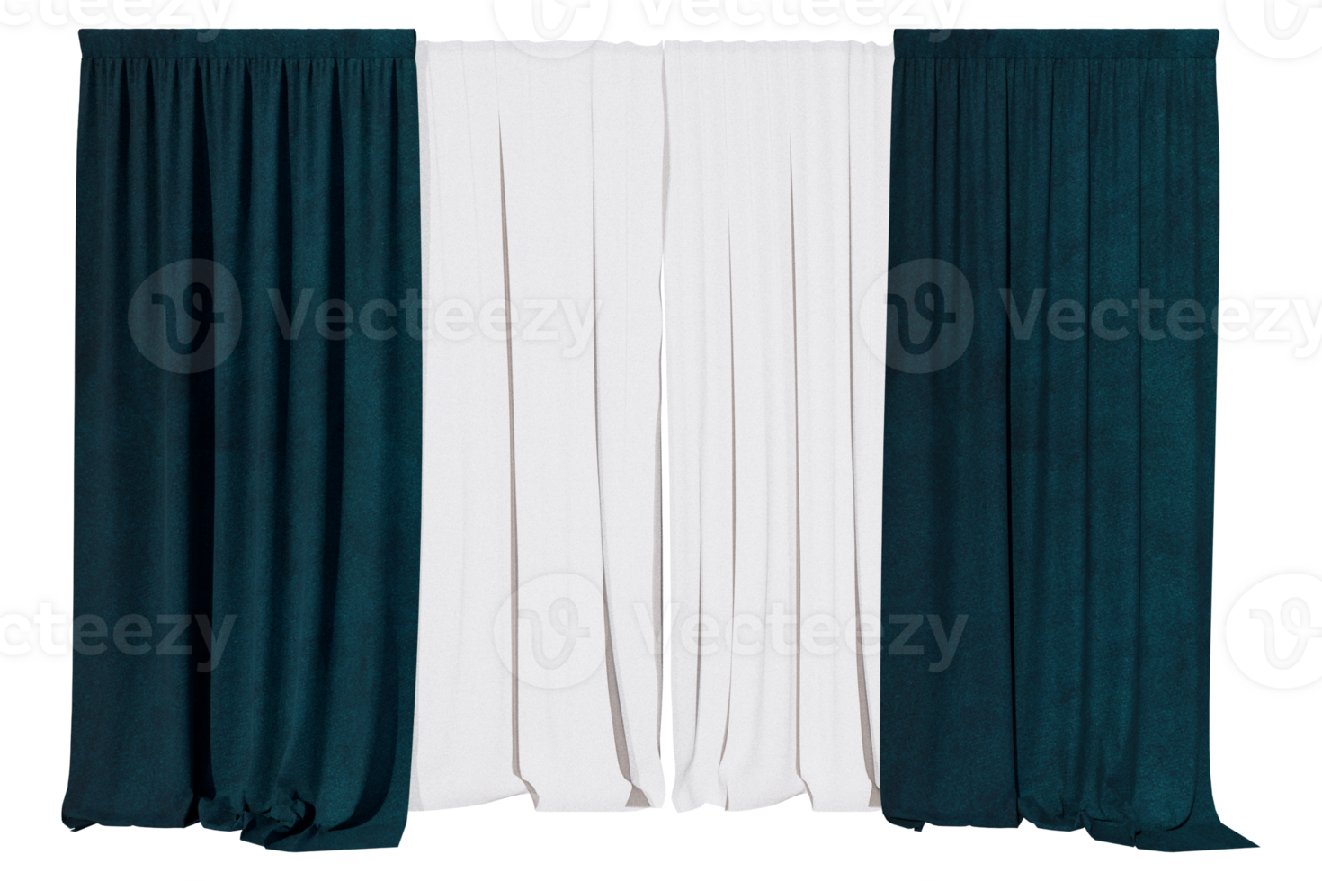 curtains green velvet blackout with curtains sheer in PNG isolated on transparent background. with a 3D image rendering
