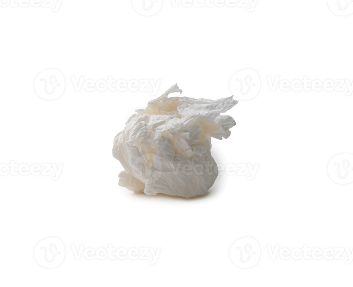 Single white screwed or crumpled tissue paper or napkin in strange shape after use in toilet or restroom isolated with clipping path and shadow in png file format