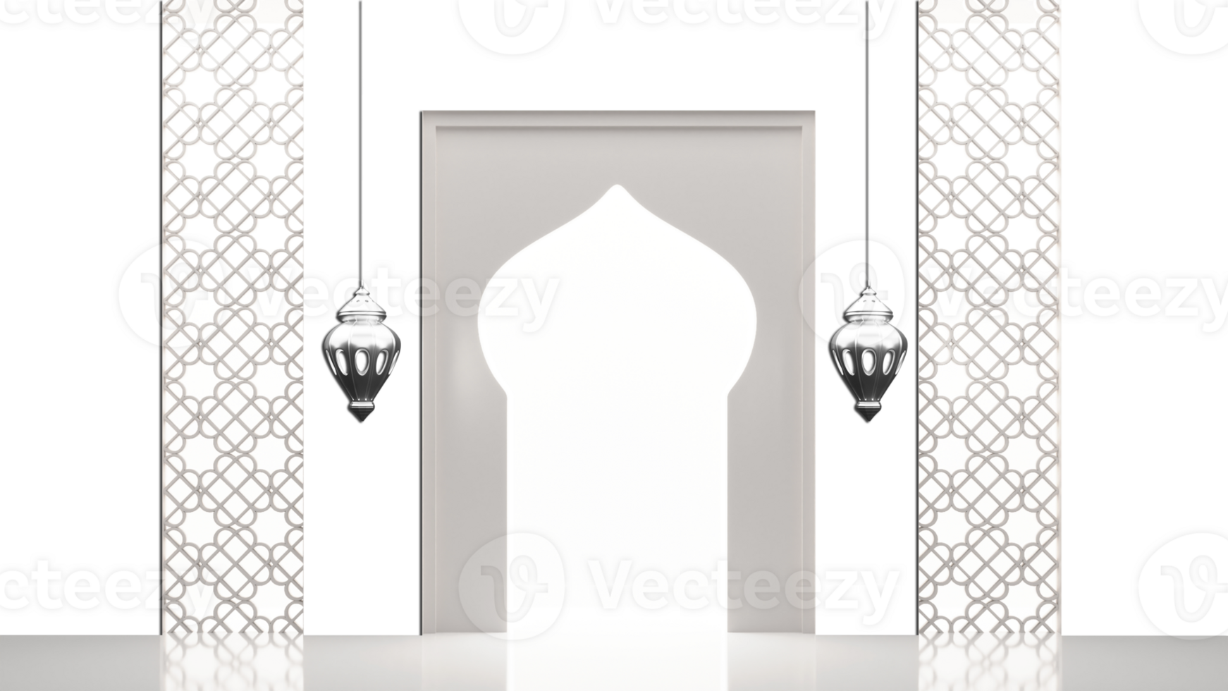 Islamic Festival Celebration Concept With Mosque Door Shape, Silver Arabic Lanterns Hang On Glossy Gray And White Islamic Pattern Background. png