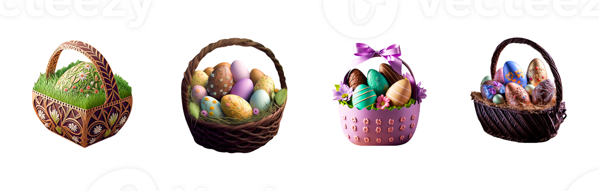 Different Types Presenting Easter Basket. 3D Render. png