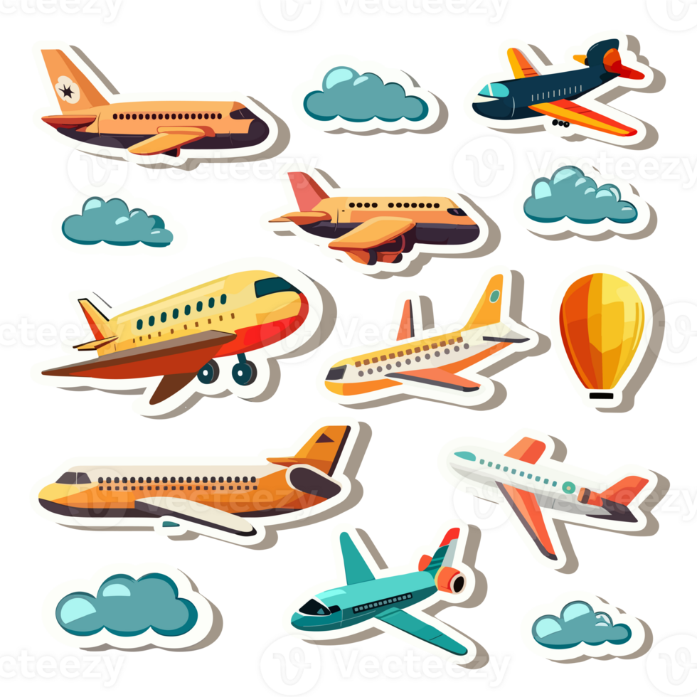 Set of Sticker Style Airplanes And Clouds Elements. png