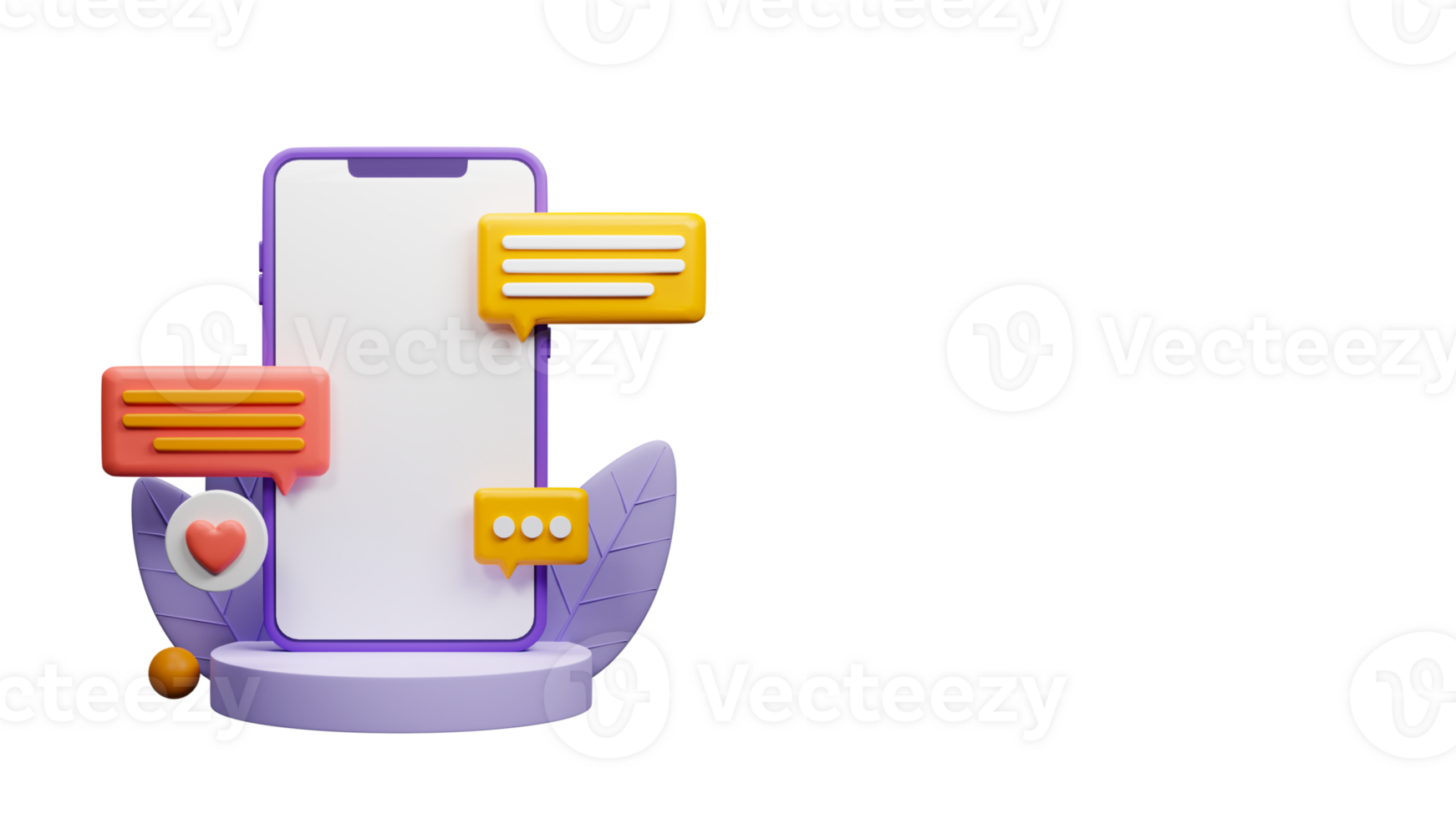 3D Render of Blank Smartphone Screen On Podium With Chat Boxes, Heart Symbol And Leaves. png