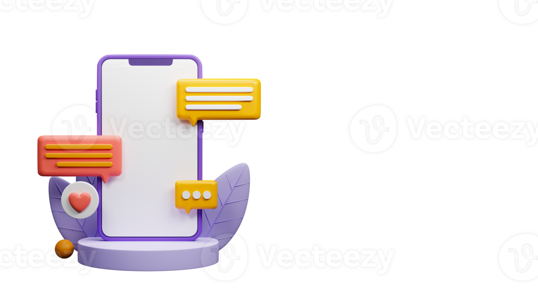 3d render do em branco Smartphone tela em pódio com bate-papo caixas, coração símbolo e folhas. png