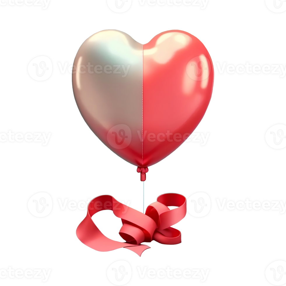 3D Render, Glossy Heart Shape Balloon With Red Silk Ribbon Icon. png