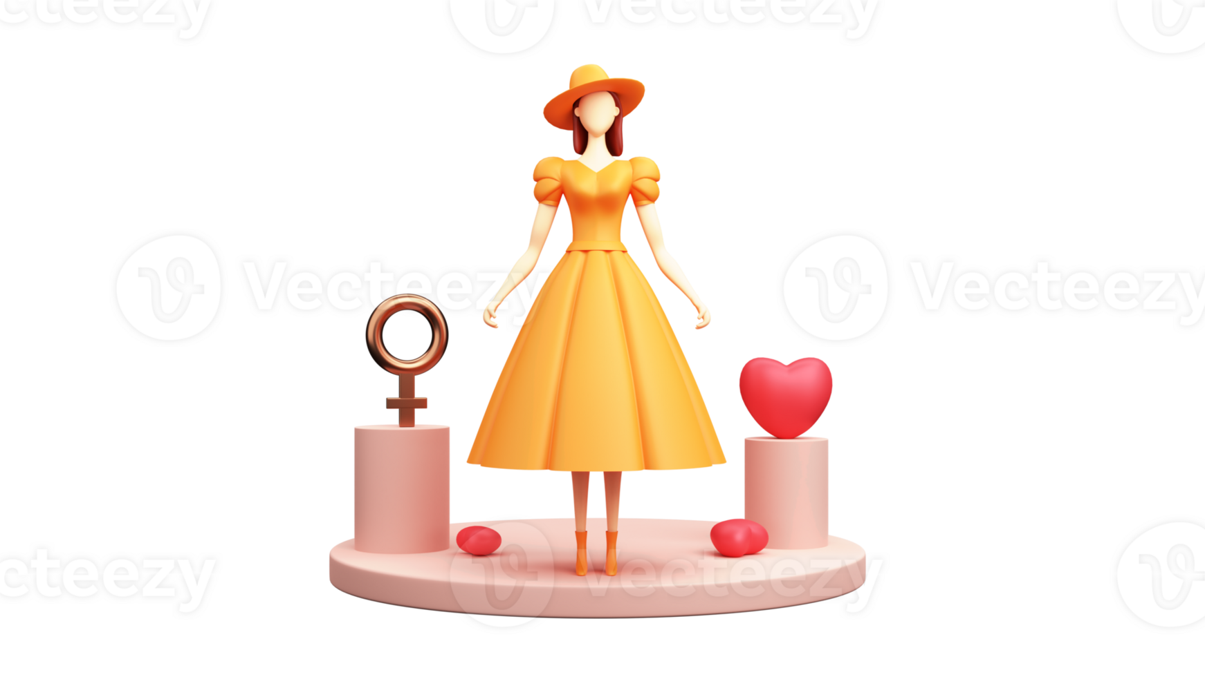 contento Da donna giorno concetto con 3d rendere, alla moda giovane ragazza personaggio in piedi su palcoscenico e bronzo Venere simbolo. png