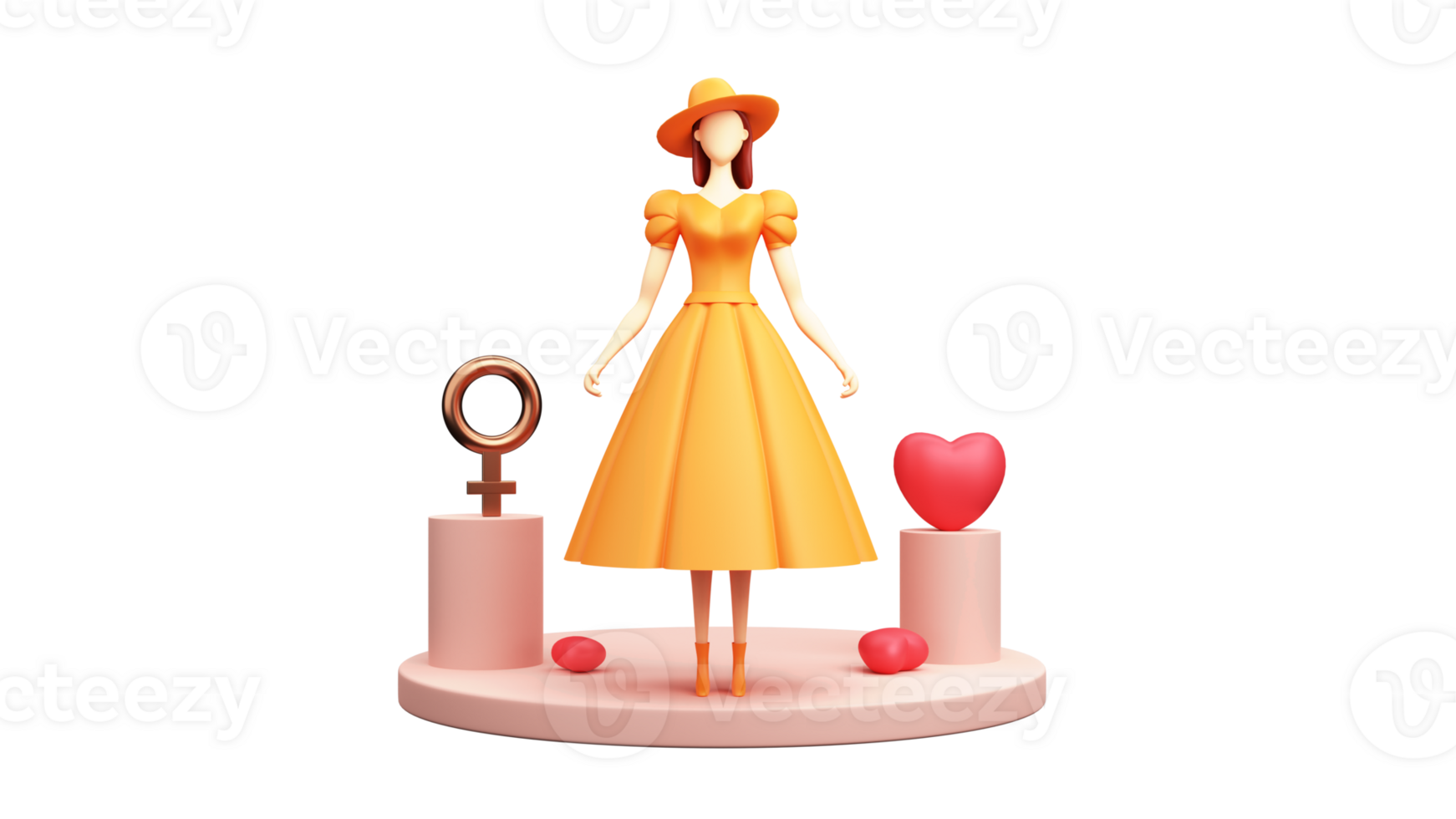 Happy Women's Day Concept With 3D Render, Fashionable Young Girl Character Standing On Stage And Bronze Venus Symbol. png