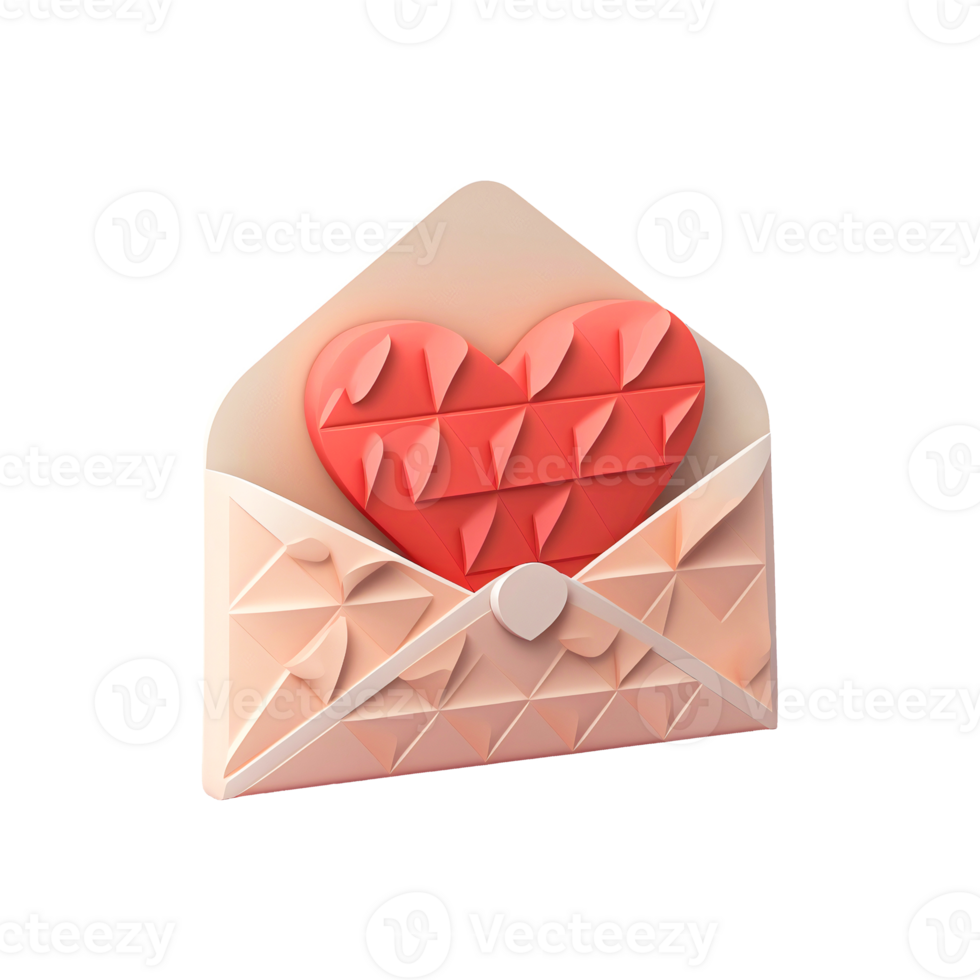 3D Render, Pastel Red Heart Icon Inside Envelope In Geometric Shape. png