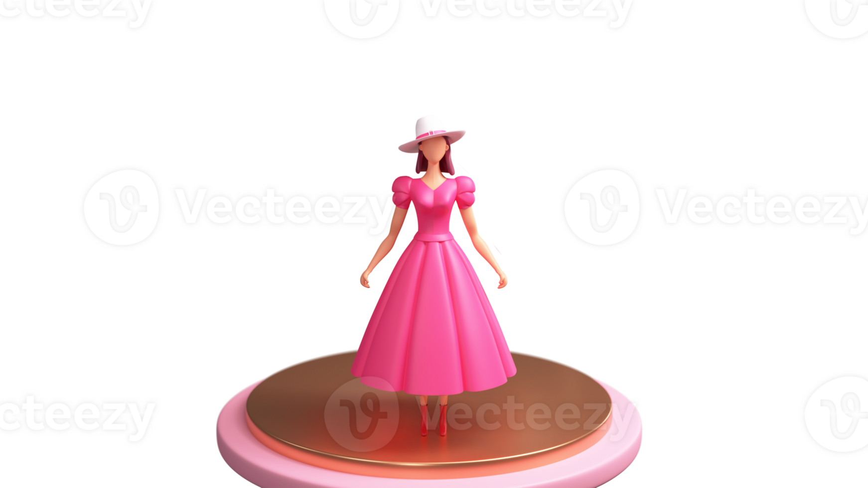 3D Render, Fashionable Young Girl Standing On Golden And Pink Podium. Happy Women's Day Concept. png